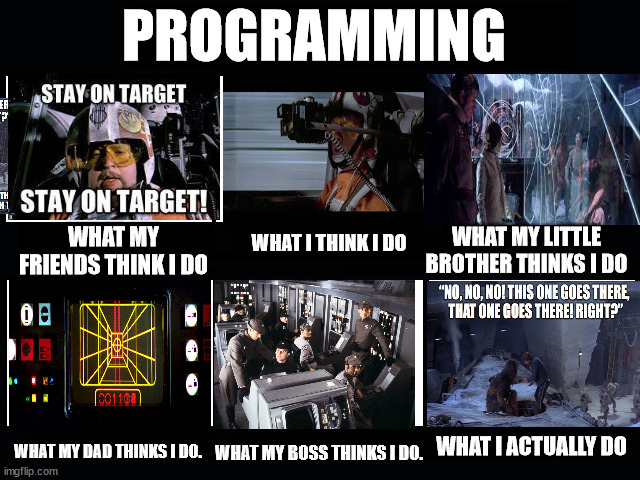 What my friends think I do | PROGRAMMING; WHAT MY FRIENDS THINK I DO; WHAT MY LITTLE BROTHER THINKS I DO; WHAT I THINK I DO; WHAT I ACTUALLY DO; WHAT MY DAD THINKS I DO. WHAT MY BOSS THINKS I DO. | image tagged in what my friends think i do | made w/ Imgflip meme maker