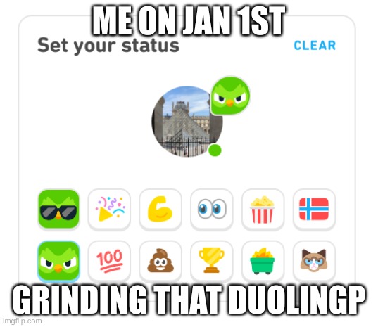 duolingo comeback | ME ON JAN 1ST; GRINDING THAT DUOLINGP | image tagged in duolingo comeback | made w/ Imgflip meme maker
