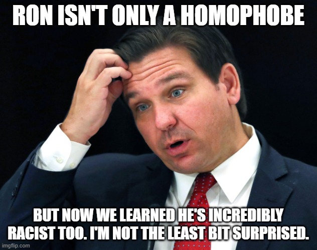 Ron DeSantis searching for his brain | RON ISN'T ONLY A HOMOPHOBE; BUT NOW WE LEARNED HE'S INCREDIBLY RACIST TOO. I'M NOT THE LEAST BIT SURPRISED. | image tagged in ron desantis searching for his brain | made w/ Imgflip meme maker