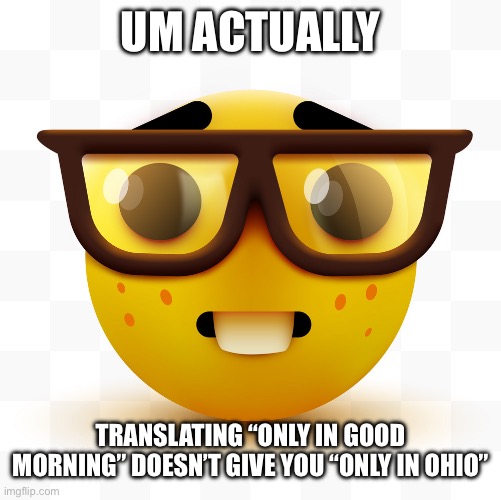 Nerd emoji | UM ACTUALLY TRANSLATING “ONLY IN GOOD MORNING” DOESN’T GIVE YOU “ONLY IN OHIO” | image tagged in nerd emoji | made w/ Imgflip meme maker