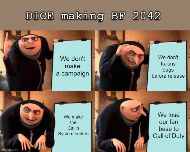 Gru's Plan | DICE making BF 2042; We don't make a campaign; We don't fix any bugs before release; We make the Callin System broken; We lose our fan base to Call of Duty | image tagged in memes,gru's plan | made w/ Imgflip meme maker