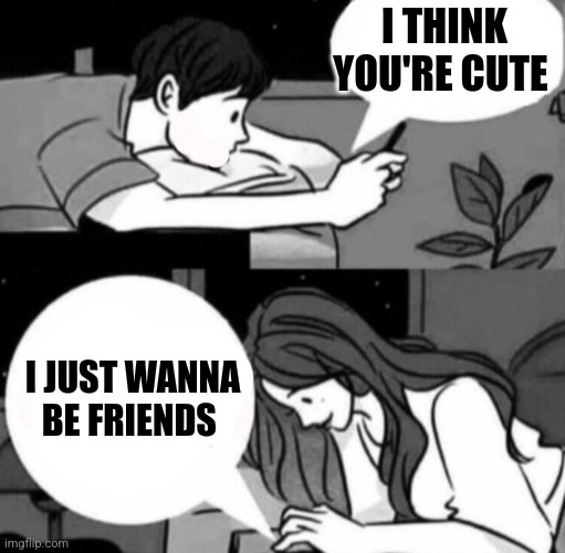 Boy and girl texting | I THINK YOU'RE CUTE; I JUST WANNA BE FRIENDS | image tagged in boy and girl texting | made w/ Imgflip meme maker
