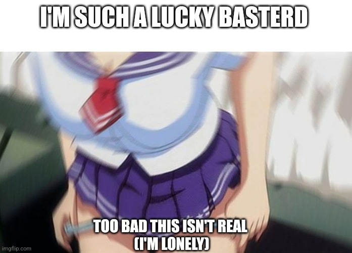 Anime girl | I'M SUCH A LUCKY BASTERD; TOO BAD THIS ISN'T REAL 
(I'M LONELY) | image tagged in anime girl | made w/ Imgflip meme maker