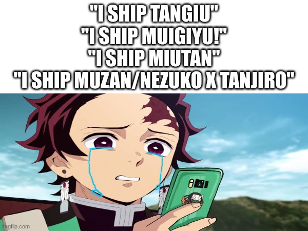 Gross | "I SHIP TANGIU"
"I SHIP MUIGIYU!"
"I SHIP MIUTAN"
"I SHIP MUZAN/NEZUKO X TANJIRO" | image tagged in demon slayer,funny,gross,tanjiro | made w/ Imgflip meme maker