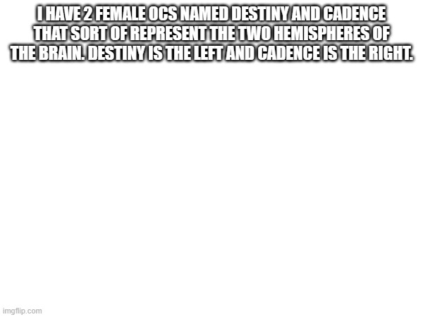 I HAVE 2 FEMALE OCS NAMED DESTINY AND CADENCE THAT SORT OF REPRESENT THE TWO HEMISPHERES OF THE BRAIN. DESTINY IS THE LEFT AND CADENCE IS THE RIGHT. | made w/ Imgflip meme maker