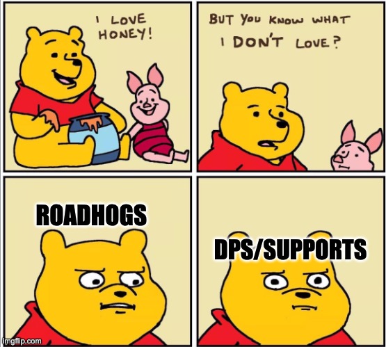 average roadhog in overwatch | ROADHOGS; DPS/SUPPORTS | image tagged in serious winnie the pooh,overwatch,overwatch memes | made w/ Imgflip meme maker