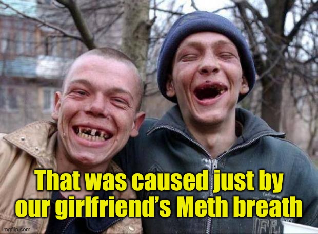 No teeth | That was caused just by our girlfriend’s Meth breath | image tagged in no teeth | made w/ Imgflip meme maker