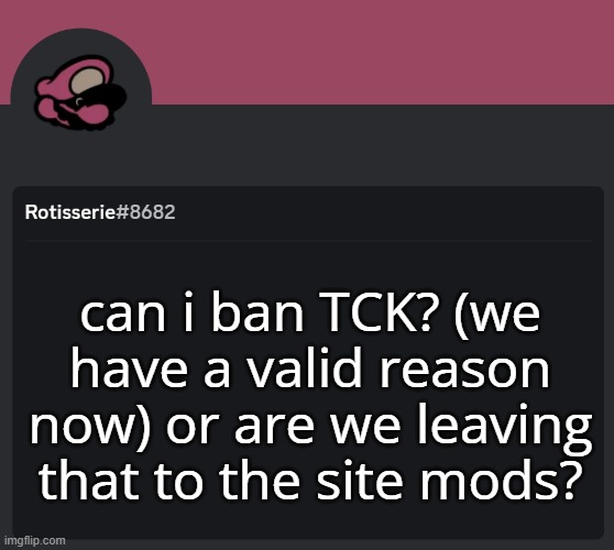 Rotisserie Discord Temp | can i ban TCK? (we have a valid reason now) or are we leaving that to the site mods? | image tagged in rotisserie discord temp | made w/ Imgflip meme maker