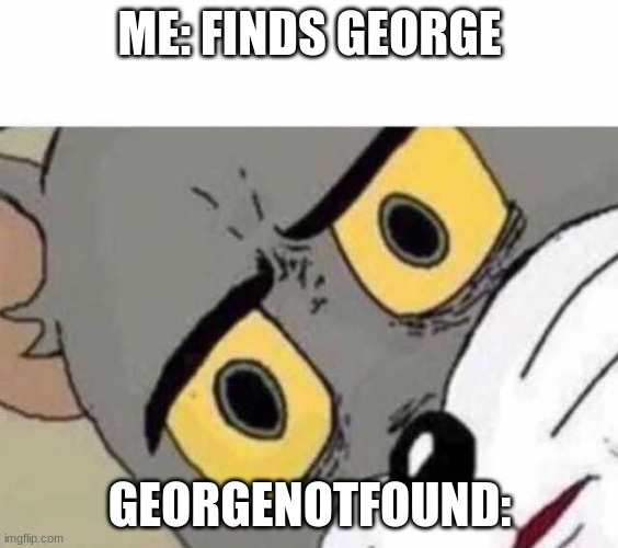 *finds george* | ME: FINDS GEORGE; GEORGENOTFOUND: | image tagged in tom cat unsettled close up,not that funny | made w/ Imgflip meme maker