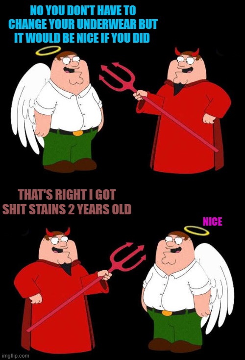 You don't have to change your underwear but it would be nice if you did. | NO YOU DON'T HAVE TO CHANGE YOUR UNDERWEAR BUT IT WOULD BE NICE IF YOU DID; THAT'S RIGHT I GOT SHIT STAINS 2 YEARS OLD; NICE | image tagged in good peter-bad peter,shit stain | made w/ Imgflip meme maker
