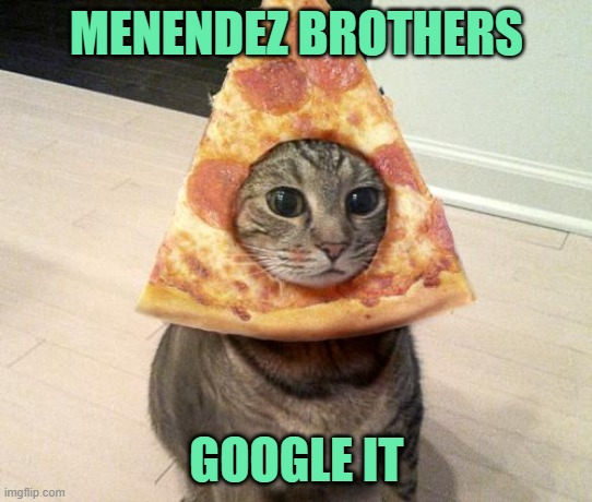 pizza cat | MENENDEZ BROTHERS GOOGLE IT | image tagged in pizza cat | made w/ Imgflip meme maker