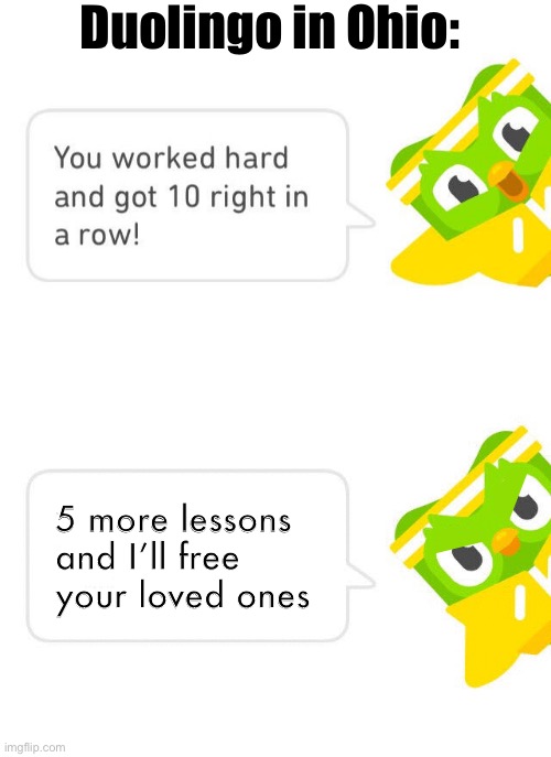 Only in Ohio | Duolingo in Ohio:; 5 more lessons and I’ll free your loved ones | image tagged in duolingo 10 in a row,ohio | made w/ Imgflip meme maker