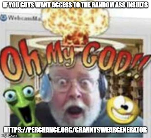 OHMYGOD | IF YOU GUYS WANT ACCESS TO THE RANDOM ASS INSULTS; HTTPS://PERCHANCE.ORG/GRANNYSWEARGENERATOR | image tagged in ohmygod | made w/ Imgflip meme maker