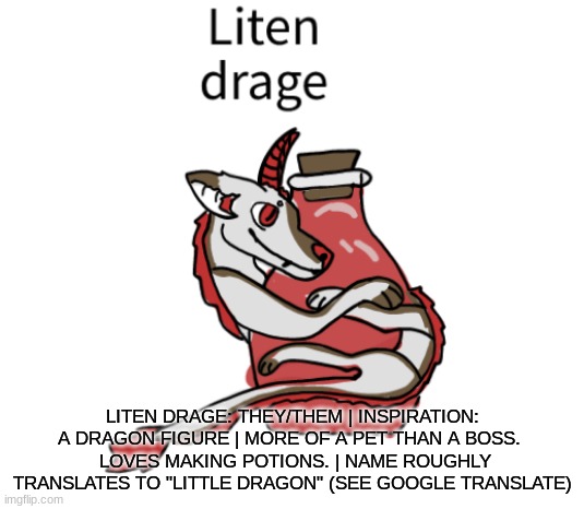 LITEN DRAGE: THEY/THEM | INSPIRATION: A DRAGON FIGURE | MORE OF A PET THAN A BOSS. 
 LOVES MAKING POTIONS. | NAME ROUGHLY TRANSLATES TO "LITTLE DRAGON" (SEE GOOGLE TRANSLATE) | made w/ Imgflip meme maker