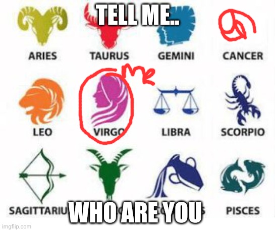 Well how about you | TELL ME.. WHO ARE YOU | image tagged in zodiac signs | made w/ Imgflip meme maker