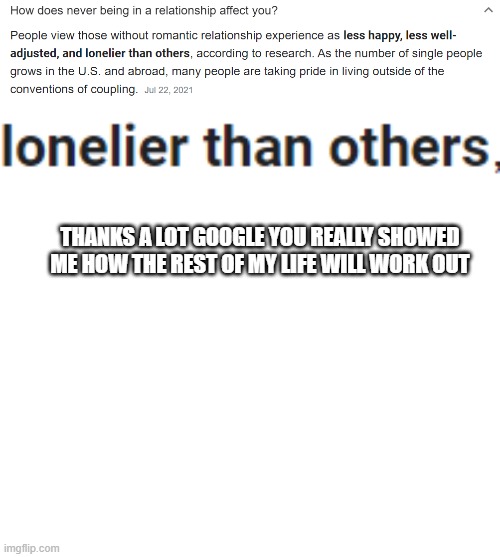 im very sad | THANKS A LOT GOOGLE YOU REALLY SHOWED ME HOW THE REST OF MY LIFE WILL WORK OUT | image tagged in blank white template | made w/ Imgflip meme maker