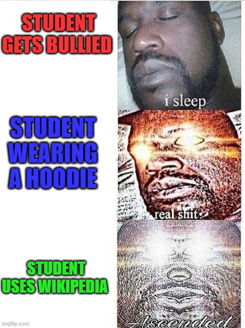 I sleep meme with ascended template | STUDENT GETS BULLIED STUDENT WEARING A HOODIE STUDENT USES WIKIPEDIA | image tagged in i sleep meme with ascended template | made w/ Imgflip meme maker