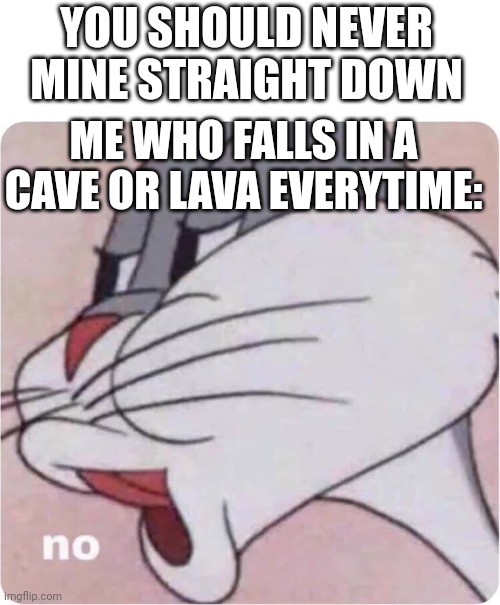 No | YOU SHOULD NEVER MINE STRAIGHT DOWN; ME WHO FALLS IN A CAVE OR LAVA EVERYTIME: | image tagged in bugs bunny no | made w/ Imgflip meme maker