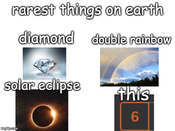 i woke up and i somehow got 6 notifications | rarest things on earth; double rainbow; diamond; solar eclipse; this | image tagged in rare | made w/ Imgflip meme maker