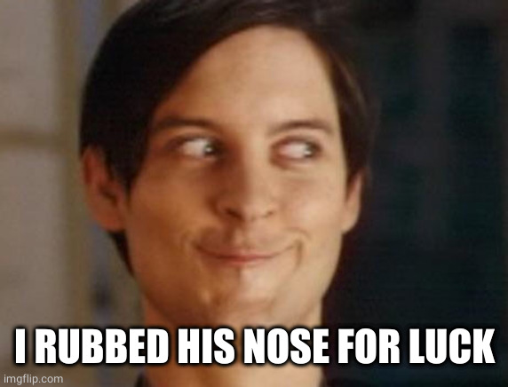 Spiderman Peter Parker Meme | I RUBBED HIS NOSE FOR LUCK | image tagged in memes,spiderman peter parker | made w/ Imgflip meme maker