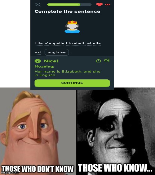 Duolingo is cursed | THOSE WHO DON’T KNOW; THOSE WHO KNOW… | image tagged in mr incredible becoming uncanny,duolingo,queen elizabeth,cursed | made w/ Imgflip meme maker