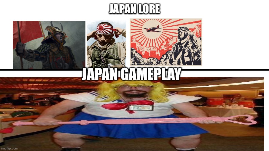 gameplay vs lore | JAPAN LORE; JAPAN GAMEPLAY | image tagged in gameplay vs lore | made w/ Imgflip meme maker