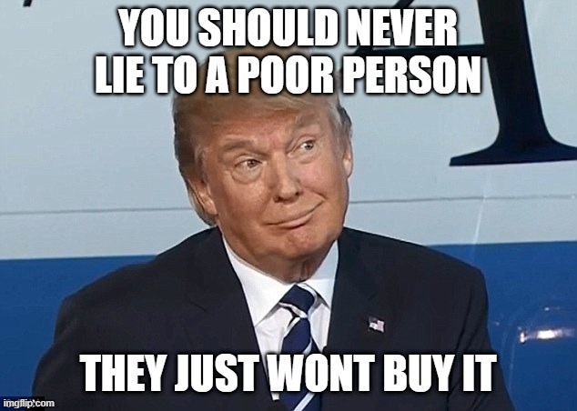 No Sale | YOU SHOULD NEVER LIE TO A POOR PERSON; THEY JUST WONT BUY IT | image tagged in donald trump smirk | made w/ Imgflip meme maker