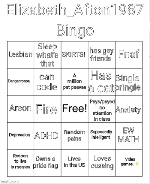 Finally made one.. How similar are you to me?  We shall see | image tagged in elizabeth_afton1987 bingo | made w/ Imgflip meme maker