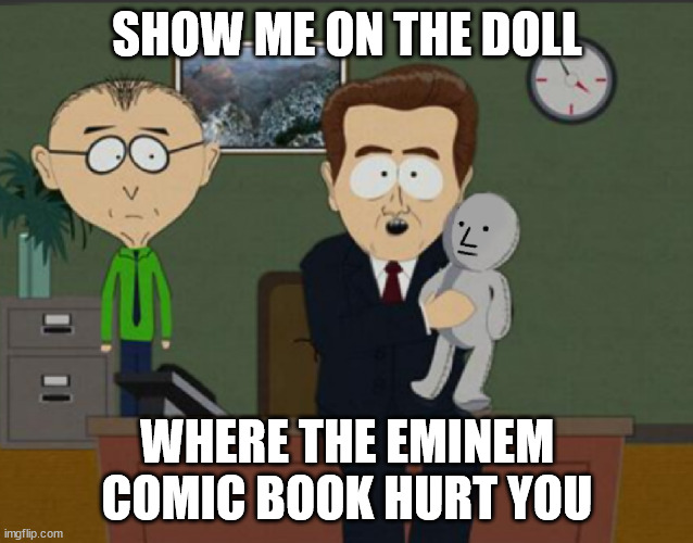 Emine Spider-man asm 1 | SHOW ME ON THE DOLL; WHERE THE EMINEM COMIC BOOK HURT YOU | image tagged in show us on the doll where the meme hurt you | made w/ Imgflip meme maker