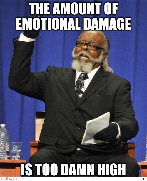 THE AMOUNT OF EMOTIONAL DAMAGE IS TOO DAMN HIGH | image tagged in the amount of x is too damn high | made w/ Imgflip meme maker
