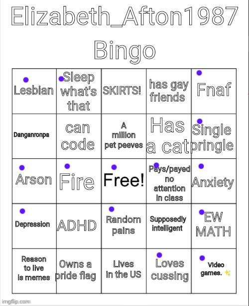 did this bc why the hell not <3 (bingo to!) | image tagged in elizabeth_afton1987 bingo | made w/ Imgflip meme maker