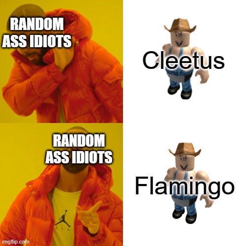 image title | Cleetus; RANDOM ASS IDIOTS; RANDOM ASS IDIOTS; Flamingo | image tagged in memes,drake hotline bling | made w/ Imgflip meme maker