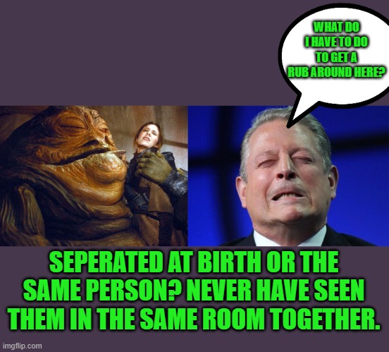 yep | WHAT DO I HAVE TO DO TO GET A RUB AROUND HERE? SEPERATED AT BIRTH OR THE SAME PERSON? NEVER HAVE SEEN THEM IN THE SAME ROOM TOGETHER. | image tagged in rapist jabba,al gore | made w/ Imgflip meme maker
