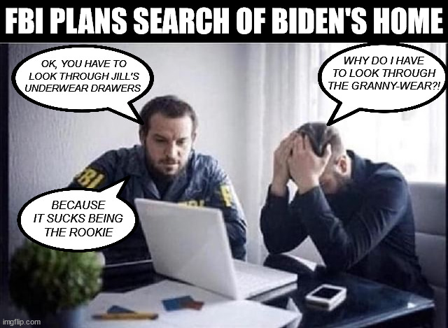 Jill's Granny-Wear | FBI PLANS SEARCH OF BIDEN'S HOME; WHY DO I HAVE TO LOOK THROUGH THE GRANNY-WEAR?! OK, YOU HAVE TO LOOK THROUGH JILL'S UNDERWEAR DRAWERS; BECAUSE IT SUCKS BEING
THE ROOKIE | image tagged in fbi guys,memes,joe biden worries,be like jill,aint nobody got time for that,first world problems | made w/ Imgflip meme maker