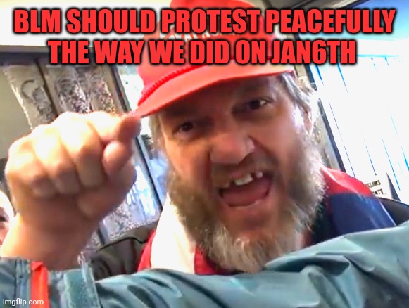 angry trumper | BLM SHOULD PROTEST PEACEFULLY THE WAY WE DID ON JAN6TH | image tagged in angry trumper | made w/ Imgflip meme maker