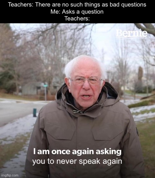 . | Teachers: There are no such things as bad questions
Me: Asks a question
Teachers:; you to never speak again | image tagged in memes,bernie i am once again asking for your support,funny,gifs | made w/ Imgflip meme maker