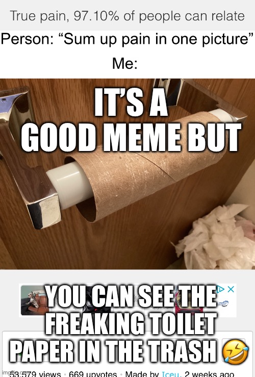 Lol | IT’S A GOOD MEME BUT; YOU CAN SEE THE FREAKING TOILET PAPER IN THE TRASH 🤣 | image tagged in iceu,toilet paper,funny meme,lol | made w/ Imgflip meme maker