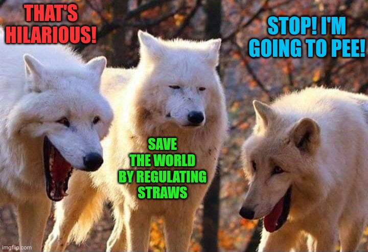 Laughing wolf | THAT'S HILARIOUS! SAVE THE WORLD BY REGULATING STRAWS STOP! I'M GOING TO PEE! | image tagged in laughing wolf | made w/ Imgflip meme maker