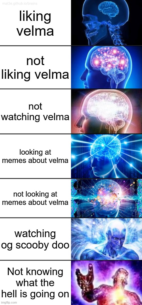 seriously what is going on | liking velma; not liking velma; not watching velma; looking at memes about velma; not looking at memes about velma; watching og scooby doo; Not knowing what the hell is going on | image tagged in 7-tier expanding brain,velma | made w/ Imgflip meme maker