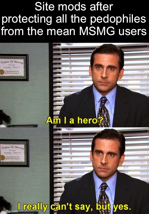 . | Site mods after protecting all the pedophiles from the mean MSMG users | image tagged in am i a hero michael scott | made w/ Imgflip meme maker