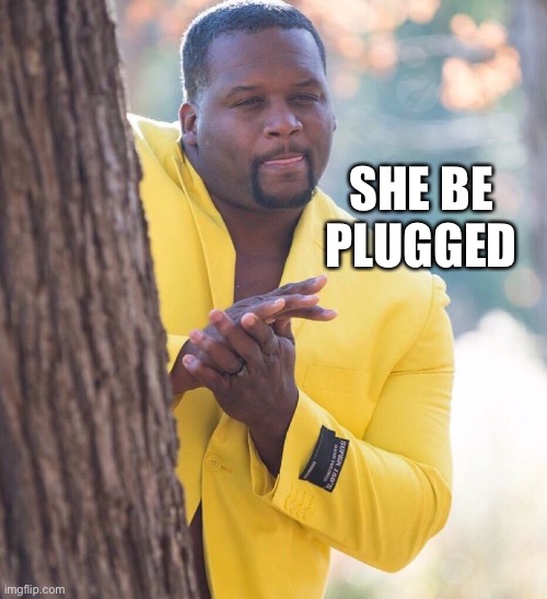 Black guy hiding behind tree | SHE BE PLUGGED | image tagged in black guy hiding behind tree | made w/ Imgflip meme maker