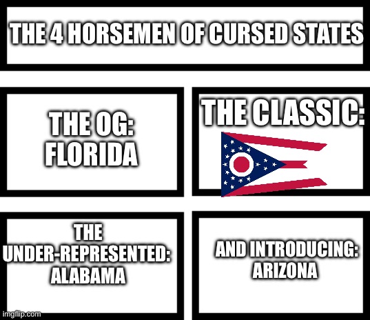 Introducing Arizona | THE 4 HORSEMEN OF CURSED STATES; THE CLASSIC:; THE OG: 
FLORIDA; THE UNDER-REPRESENTED: 
ALABAMA; AND INTRODUCING: ARIZONA | image tagged in 4 horsemen of,memes | made w/ Imgflip meme maker