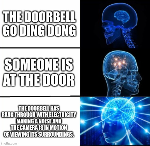 Galaxy Brain (3 brains) | THE DOORBELL GO DING DONG; SOMEONE IS AT THE DOOR; THE DOORBELL HAS RANG THROUGH WITH ELECTRICITY MAKING A NOISE AND THE CAMERA IS IN MOTION OF VIEWING ITS SURROUNDINGS. | image tagged in galaxy brain 3 brains | made w/ Imgflip meme maker