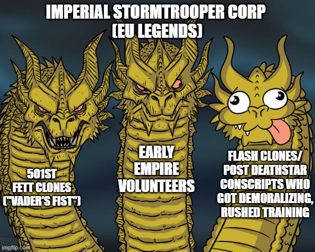 The First Order & Thrawn's experienced, motivated & inspired, surviving, battle hardened veterans would be between the first 2. | IMPERIAL STORMTROOPER CORP 
(EU LEGENDS); EARLY EMPIRE VOLUNTEERS; FLASH CLONES/
POST DEATHSTAR CONSCRIPTS WHO GOT DEMORALIZING, RUSHED TRAINING; 501ST FETT CLONES
("VADER'S FIST") | image tagged in three-headed dragon,star wars,stormtroopers,clone trooper,legends,star wars treu canon | made w/ Imgflip meme maker