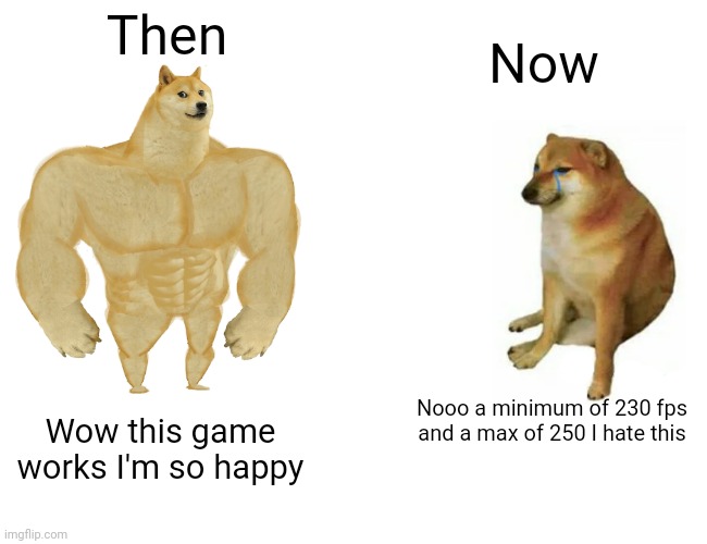 Why do people do this | Then; Now; Nooo a minimum of 230 fps and a max of 250 I hate this; Wow this game works I'm so happy | image tagged in memes,buff doge vs cheems | made w/ Imgflip meme maker