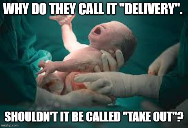 meme by brad delivery vs takeout | WHY DO THEY CALL IT "DELIVERY". SHOULDN'T IT BE CALLED "TAKE OUT"? | image tagged in baby | made w/ Imgflip meme maker