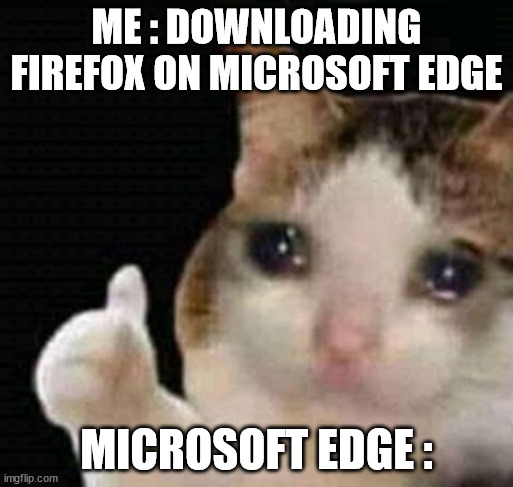 FIREfox download meme |  ME : DOWNLOADING FIREFOX ON MICROSOFT EDGE; MICROSOFT EDGE : | image tagged in sad thumbs up cat | made w/ Imgflip meme maker