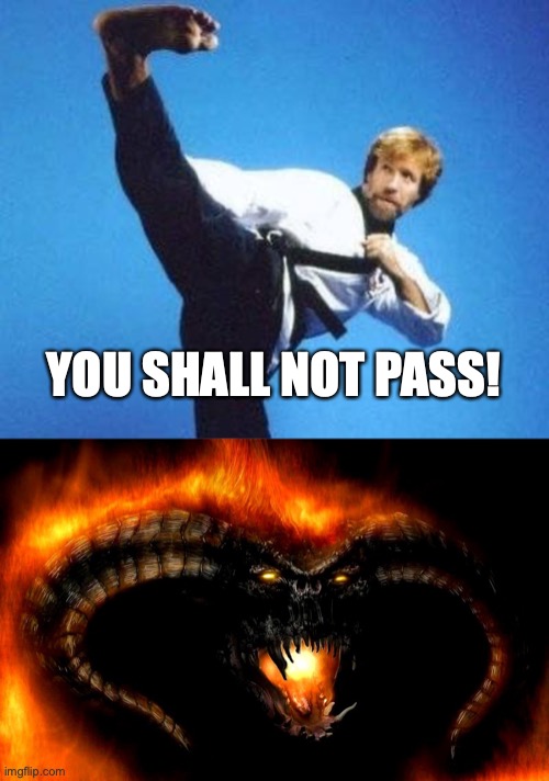 Chuck Norris vs Balrog | YOU SHALL NOT PASS! | image tagged in balrog,chuck norris,lotr,fun | made w/ Imgflip meme maker