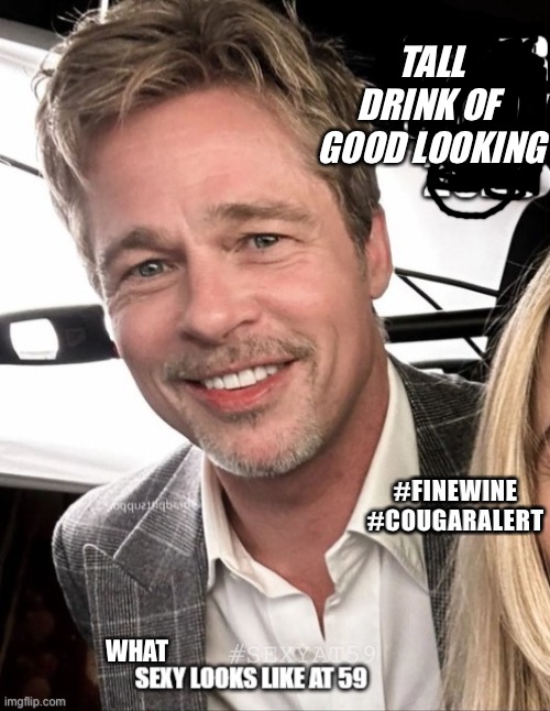 finewine | TALL DRINK OF 
GOOD LOOKING; #FINEWINE
#COUGARALERT; #SEXYAT59; WHAT | image tagged in finewine,talldrinkofgoodlookin,cougaralert,sexyat59,brad pitt | made w/ Imgflip meme maker