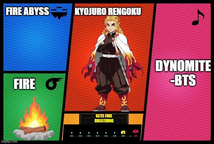 Rengoku's DLC | FIRE ABYSS; KYOJURO RENGOKU; DYNOMITE -BTS; FIRE; GETS FIRE; BREATHING | image tagged in smash ultimate dlc fighter profile | made w/ Imgflip meme maker
